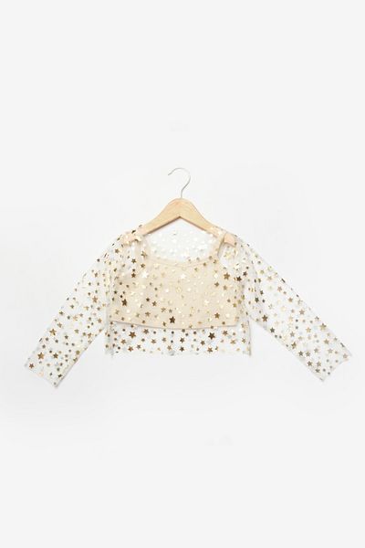 Le Mabelle Ecru Long Sleeve Starry Girl's Tulle Crop