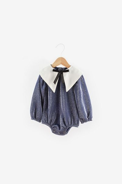 Le Mabelle Navy Blue Collar Detailed Glitter Baby Girl Jumpsuit - Bailey