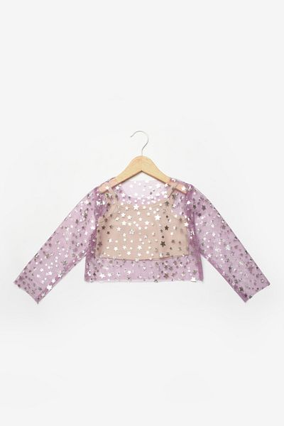 Le Mabelle Girl's Lilac Starry Long Sleeve Crop Tulle
