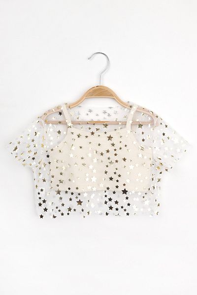 Le Mabelle Ecru Star Printed Girl's Tulle Crop