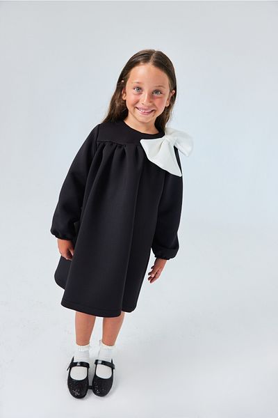 Le Mabelle Black Shoulder Girl's Dress with Bow Detail - Leah
