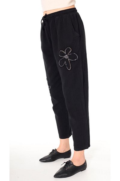 shE tekstil Floral Sequined Linen Trousers