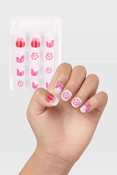 Le Mabelle Pembe Çiçekli Desenli Kız Çocuk Takma Tırnak