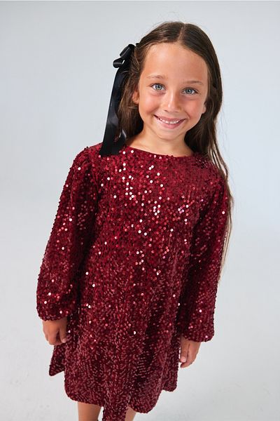 Le Mabelle Burgundy Sequined Velvet Girls' Dress - Oriel