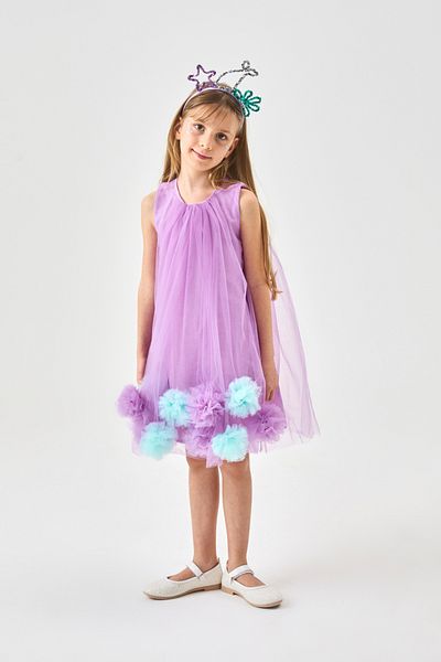 Le Mabelle Lilac Skirt Pompom Detailed Girl's Dress - Alexa