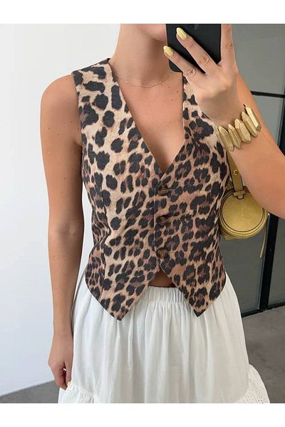 İLKCET MODA Leopard Patterned Antique Linen Vest