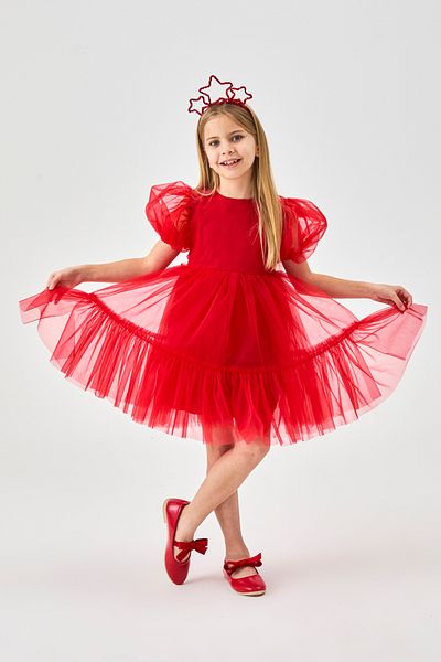 Le Mabelle Girl's Tulle Dress with Red Skirt and Belt - Casey