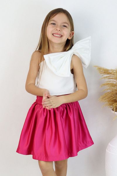 Le Mabelle Fuchsia One-Shoulder Bow Detailed Skirt Crop Girl's Double Set - Luisa