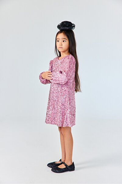 Le Mabelle Κοριτσίστικο φόρεμα Dusty Rose Velvet με παγιέτες - Oriel