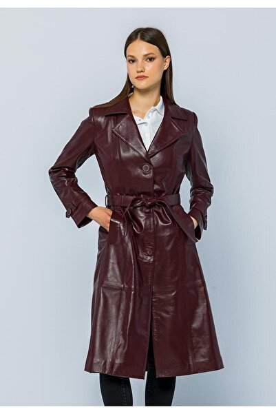 Basics&More Kadın Trenc Bordo Hakiki Deri Ceket - Brenda