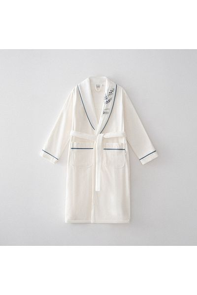 Ecocotton Deep Women's Bathrobe 100% Organic Cotton Hand Embroidered Cream