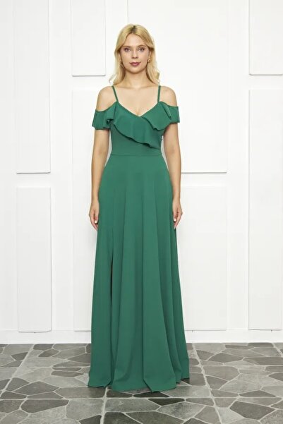 bayansepeti Dámský design s límcem s rozparkem Flexibilní krepový látkový popruh Zelené večerní šaty s volánky na hrudi582190