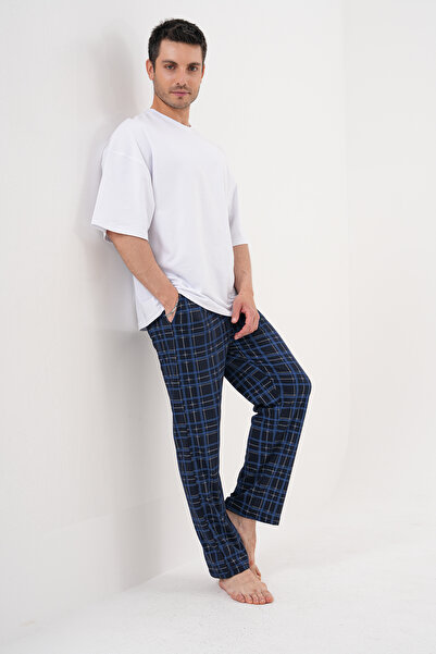 Pijamasoft Erkek Pamuklu Cepli Ekose Baskılı Beli Lastikli Pijama Altı Lacivert - Mavi 9