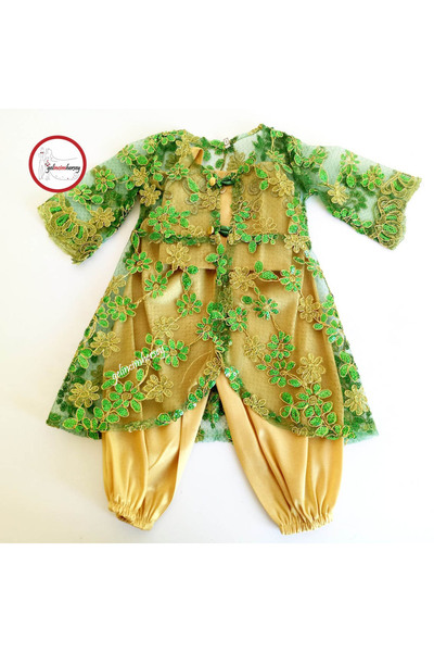 Gelincimherşey Зелена копринена бродерия сатенен костюм за момичета