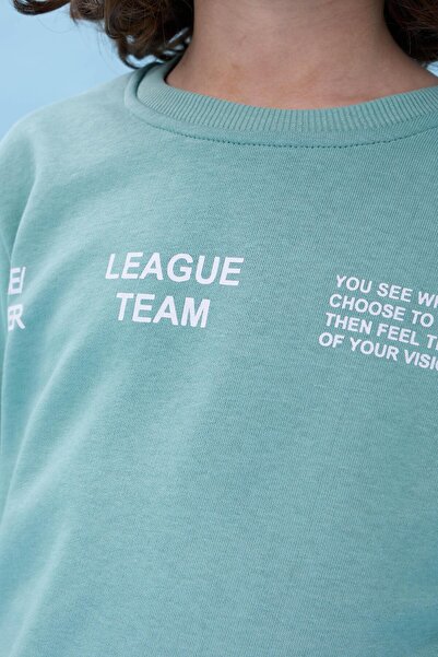 Perendi Boy's Crew Neck Printed Seasonal Top and Bottom Set - Çağla