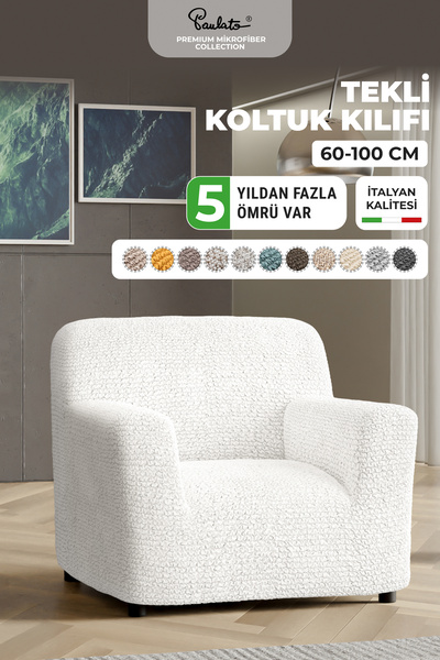 Paulato Lastikli Esnek ve Yıkanabilir Tek Kişilik Koltuk Örtüsü Koltuk Kılıfı - Düz Beyaz