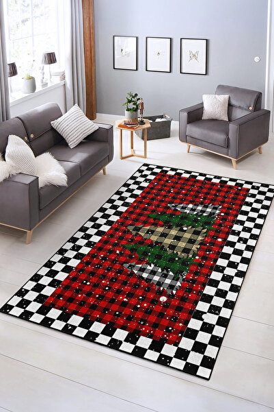 Realhomes Kare Desenli Yılbaşı Temalı Kaymaz Taban Yıkanabilir Halı