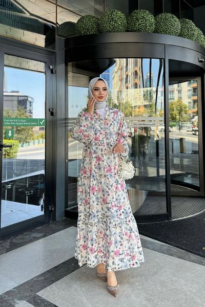 TrendParis Floral V-Neck Button Detailed Dress