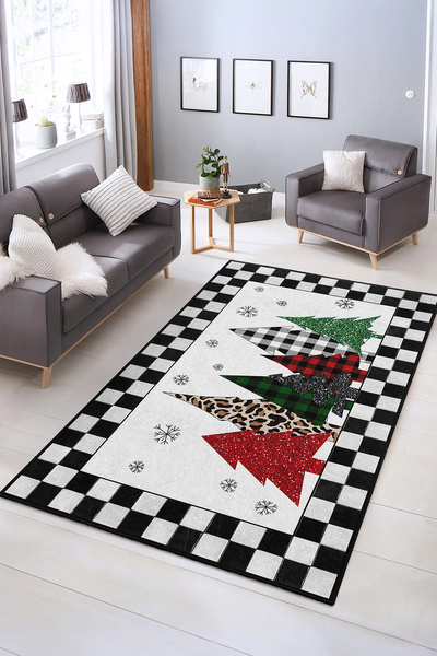 Realhomes Kış Temalı Dijital Baskılı Yılbaşı Halısı Kaymaz Taban Yıkanabilir ...