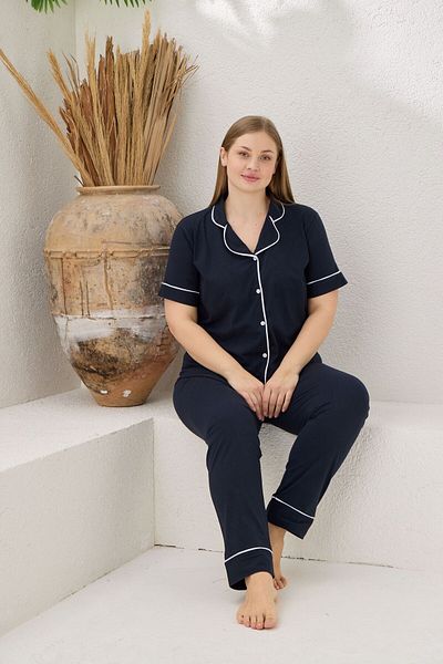 PİJAMOOD Plus Size Women's Navy Blue Short Sleeve Cotton Front Buttoned Piping Pajamas Set