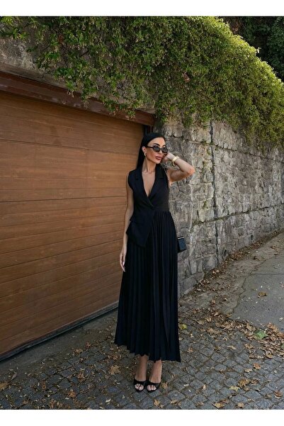 Diemmood Women's Jacket Collar Skirt Pleated Dress