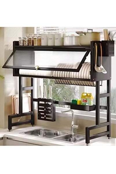 LIVVY رف تجفيف الأطباق ذو طبقتين فوق الحوض - أسود كبير