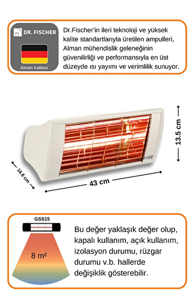 GOLDSUN Supra 1500 Watt GSS15 Kumandasız Suya Dayanıklı Elektrikli İnfrared Isıtıcı-Beyaz