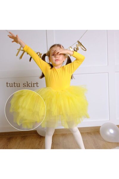 sara tasarım Uzun Kollu Sarı Sırt Detaylı Tütü Etekli Kız Çocuk Balerin Elbise