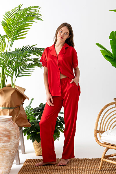 nisaNCa Premium Satin Dowry Women's Pajama Set – Red Satin Pajamas, Lace Detail, Gift Box