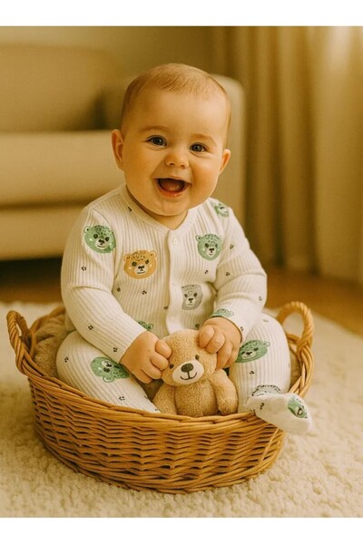 cimcim baby Plaid and Cute Teddy Bear Patterned Baby Jumpsuit Set of Two
