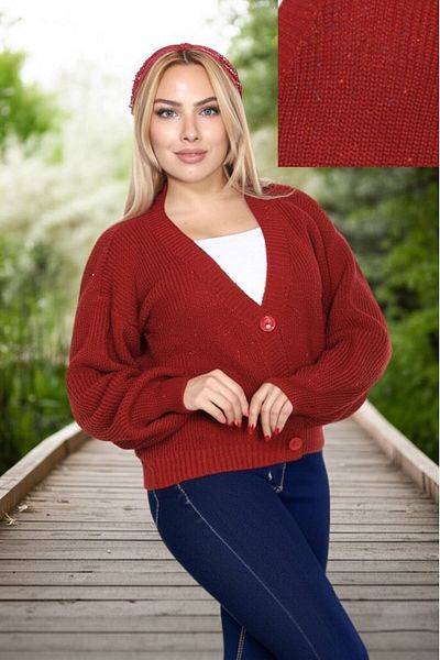 FLEX FASHION Women's Trend Popular Knitted Colorful String Detail Bordo Short Knitwear Cardigan