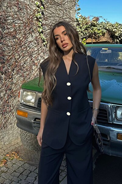 VAGGON Vestă pentru femei, albastru bleumarin, cu buzunare duble, cu nasturi Vs00680