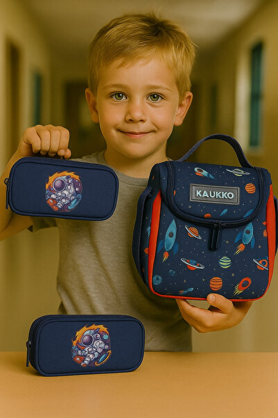 KAUKKO Astronaut Desenli Thermo Beslenme Çantası ve Kalem Çantası