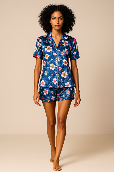 nisaNCa Büyük Beden Saten Şortlu Pijama- Lüks Kutulu Saten Gömlek Şortlu Pijama Takımı – Dantel Kollu