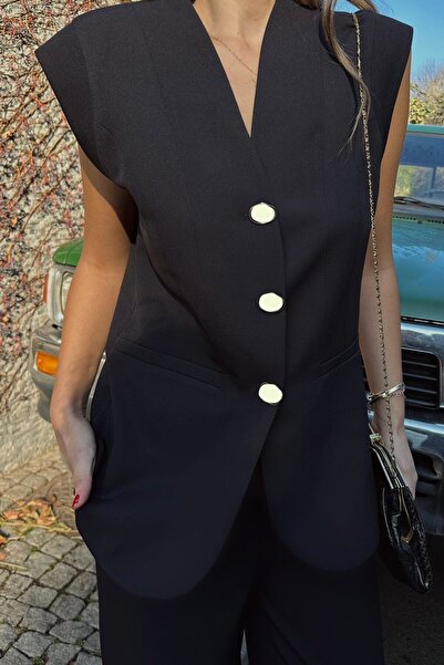 VAGGON Vestă pentru femei, albastru bleumarin, cu buzunare duble, cu nasturi Vs00680