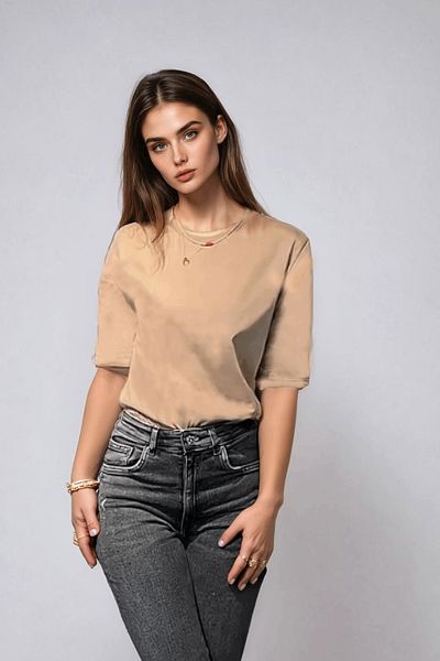 poupee Women's Milk Coffee Padded Shoulder Combed Cotton T-Shirt