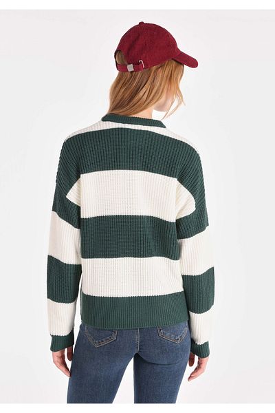 Colin's Regular Fit Round Neck Striped Women's Green Sweater