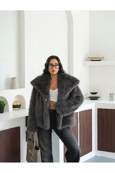 NET OF NOT Amaya Anthracite Shawl Collar Comfortable Fit Premium Quality Zr Fur Coat with Inner Lining