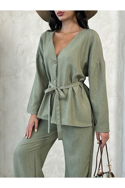 only moon Women's Clothing Linen Belted Tunic Pants Suit 2-Piece Set,Top and Bottom Set