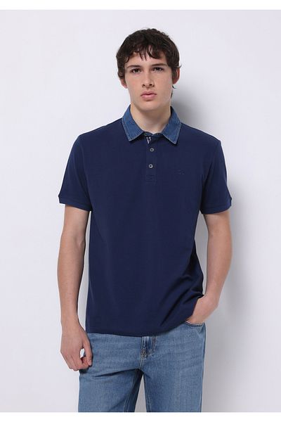 Colin's Regular Fit Polo Neck Plain Men's Blue Knitted Pocketless Short Sleeve T-Shirt