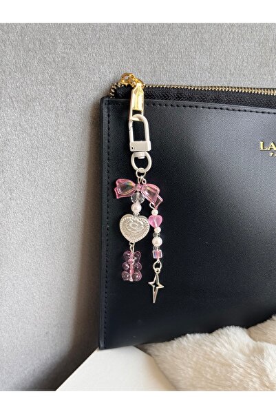 WhimsyWhite سلسلة مفاتيح على شكل قلب أبيض وردي على شكل نجمة الشمال، دمية دب ج...