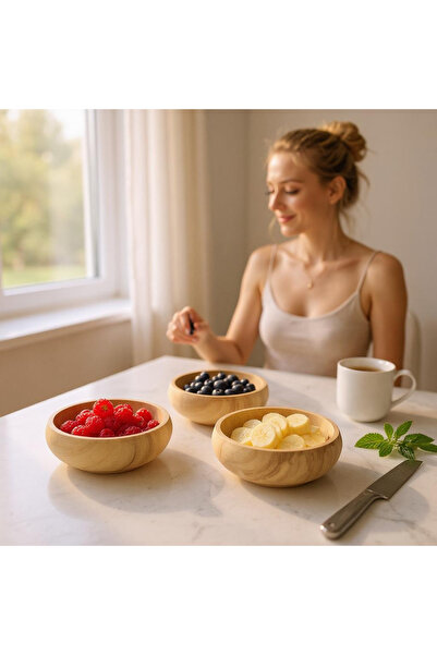 DESINIA Doğal Ahşap 3'lü Yuvarlak Çerezlik Sunum Seti - Kahvaltılık, Sosluk, ...