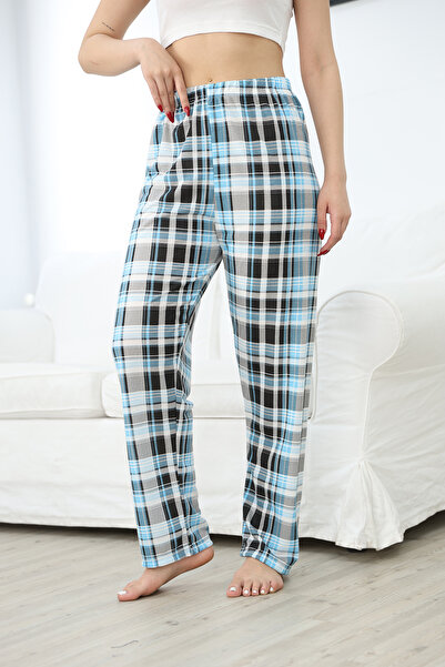 Arvin Pijama Ekose Baskılı Unisex Relaxed Yüksek Bel Vikon Kumaş Pijama Altı Mavi
