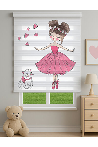 Home Pembe Balerin ve Kedi Desenli Dijital Zebra Stor Perde – Zarif Kız Çocuk...