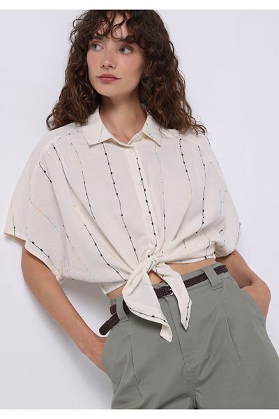 Colin's Regular Fit Shirt Neck Embroidered Women's Ecru Short Sleeve Shirt