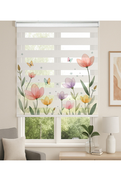 Home Pastel Çiçek ve Kelebek Desenli Zebra Stor Perde – Mutfak - Mutfak ve Oturma Odası