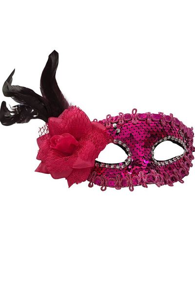 partidolu Pink Color Sequin Rose Feather Wedding Mask Elastic Prom Mask 1 Piece Bride