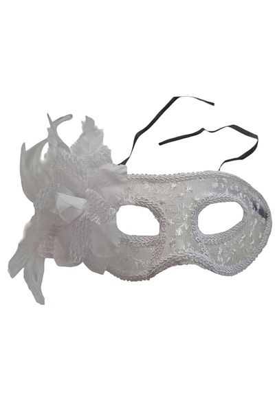 partidolu White Lace Embroidered Rose Feather Wedding Tie Back Prom Mask 1 Piece Bride Hall