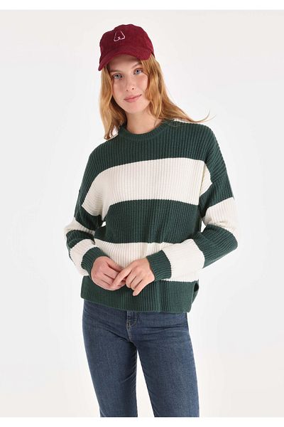 Colin's Regular Fit Round Neck Striped Women's Green Sweater