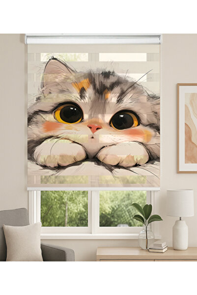 Home Sevimli Büyük Gözlü Kedi Desenli Baskılı Zebra Stor Perde